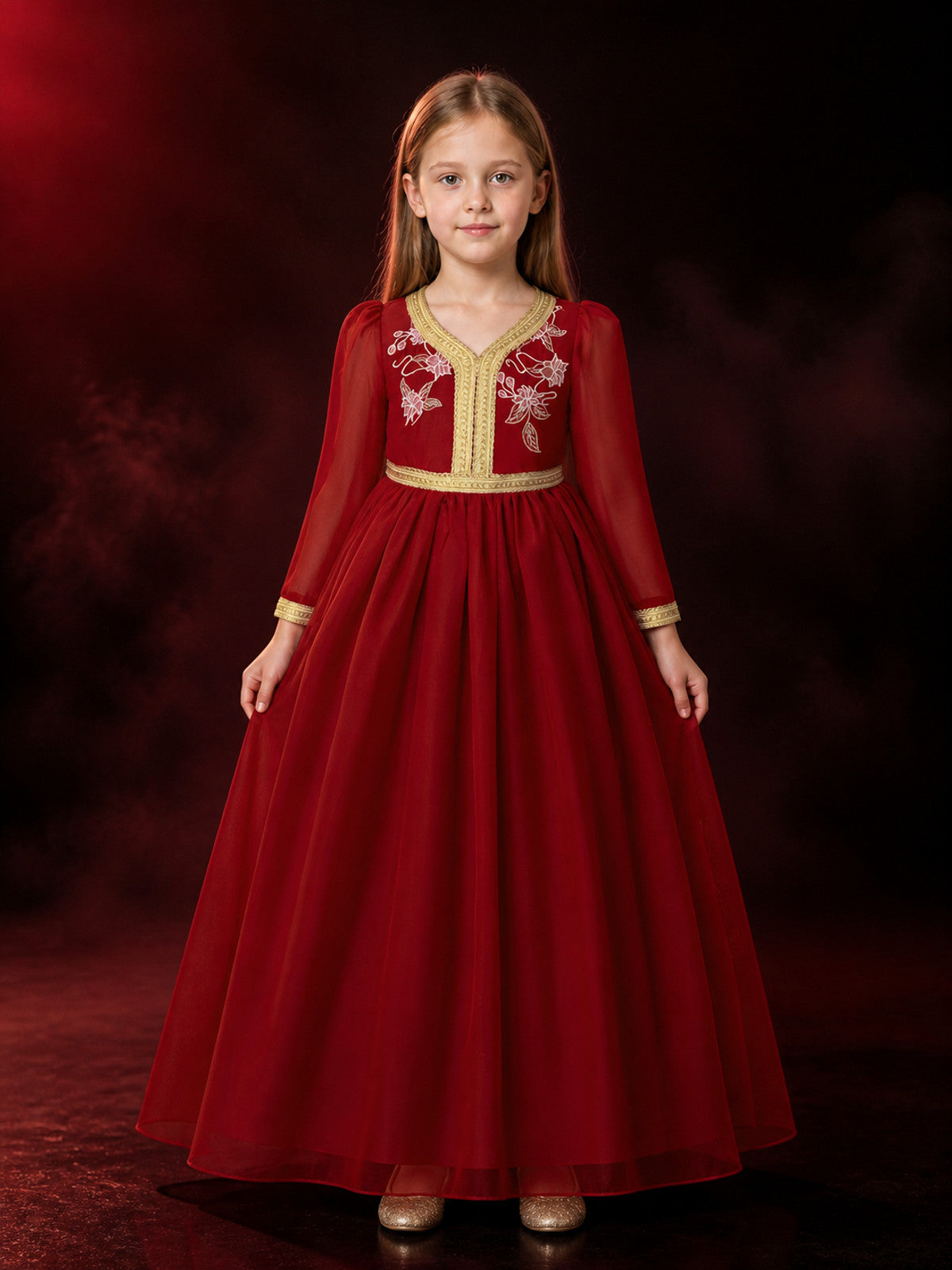 Girls' Red Princess Formal Dress with Gold Trim and Floral Embroidery, Long main product view