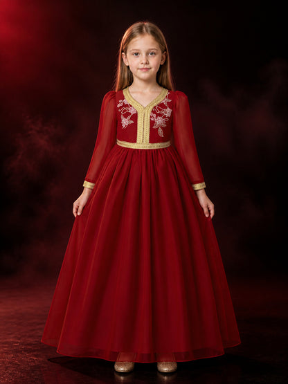 Girls' Red Princess Formal Dress with Gold Trim and Floral Embroidery, Long main product view
