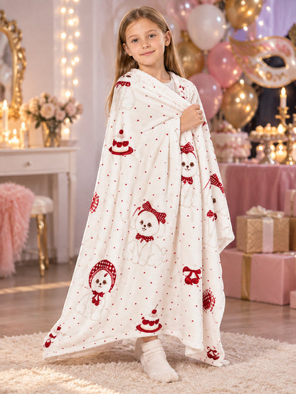 Double-sided blanket with a dog and cherry pastries print