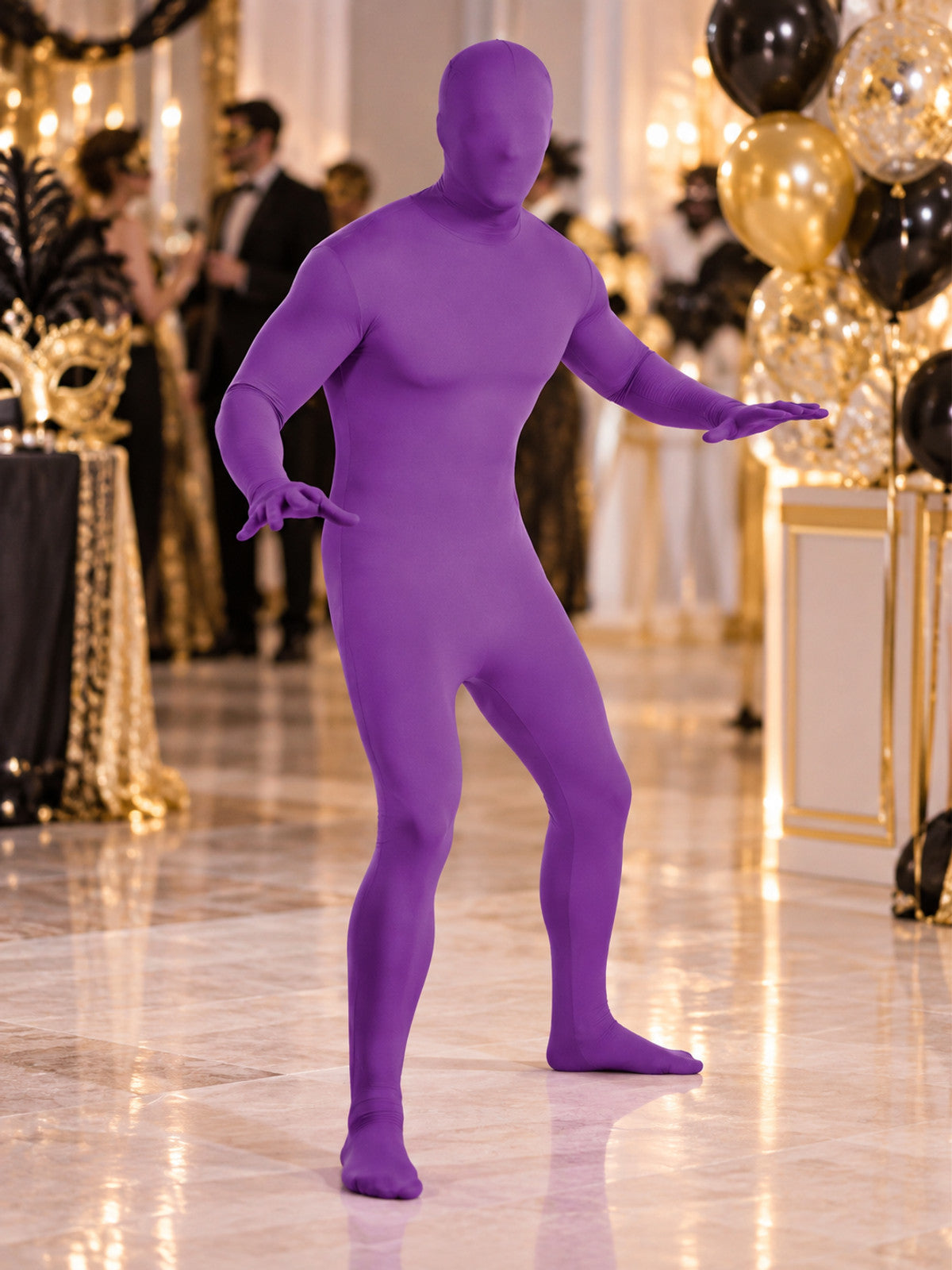 Purple jumpsuit costume with hood and long sleeves