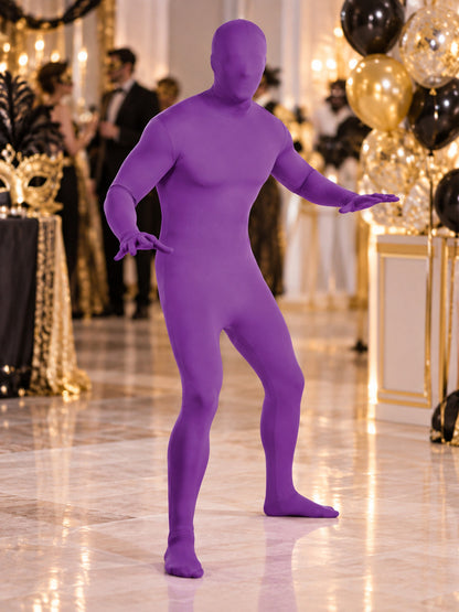Purple jumpsuit costume with hood and long sleeves