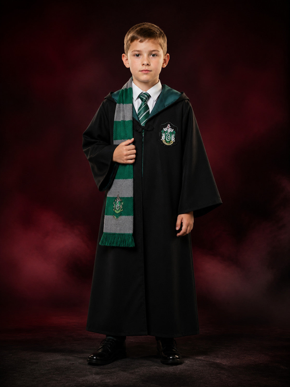 Slytherin Wizard Costume Set, Hooded Robe With Tie and Scarf, Halloween Cosplay main product view