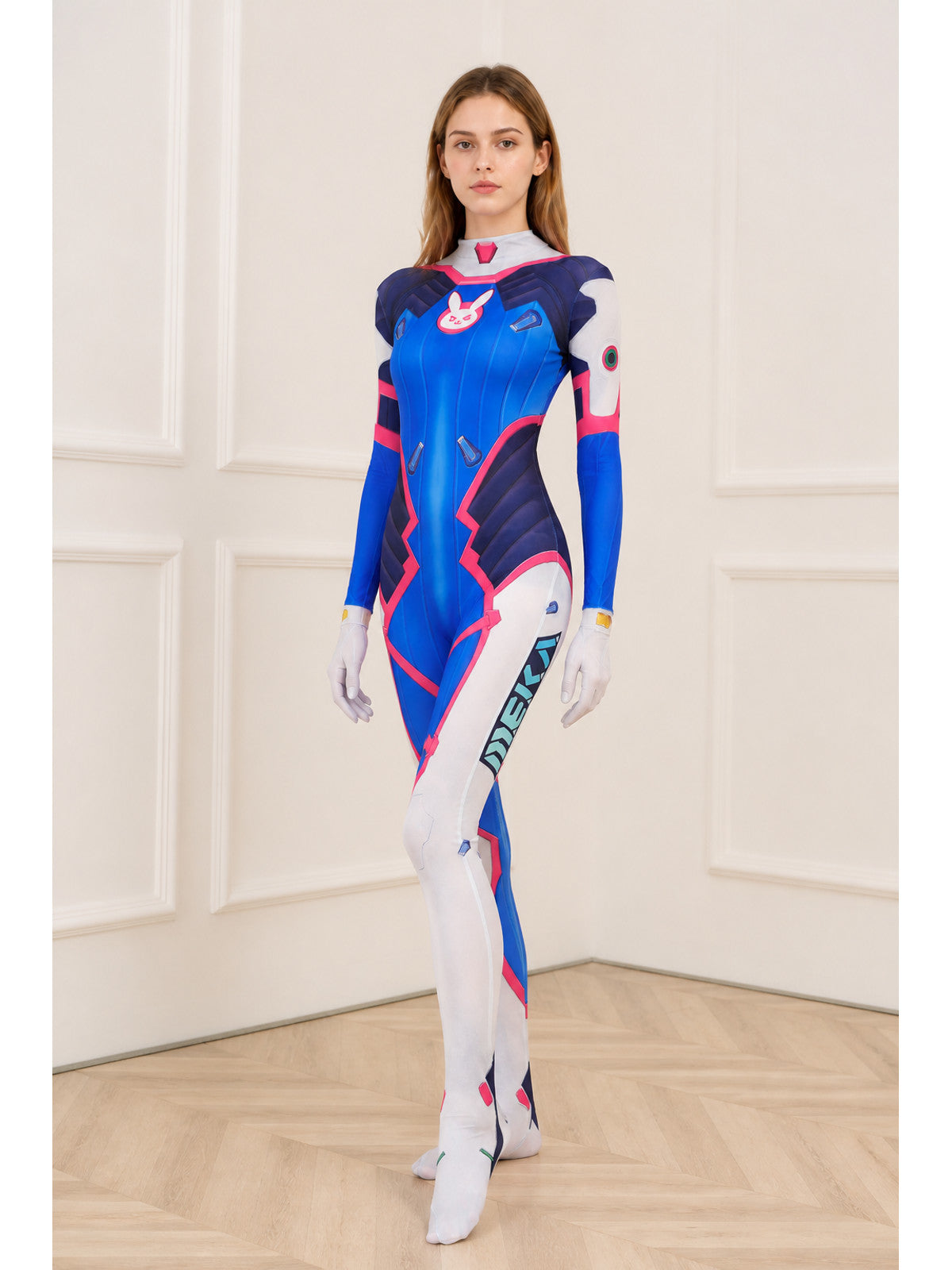 Fitted blue, white, and pink printed cosplay jumpsuit