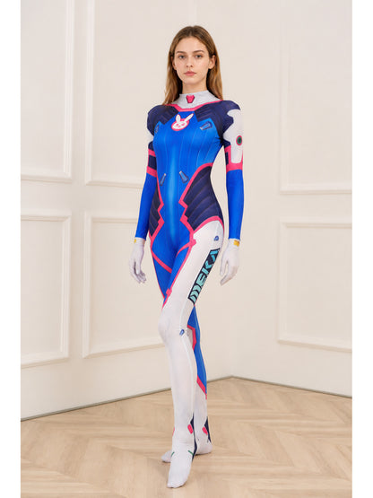 Fitted blue, white, and pink printed cosplay jumpsuit