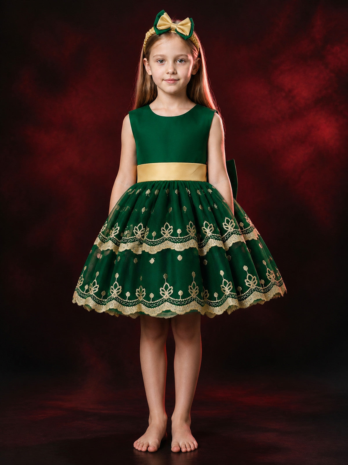 Girls' Dark Green Embroidered Princess Dress With Bow, Layered Tulle Skirt main product view
