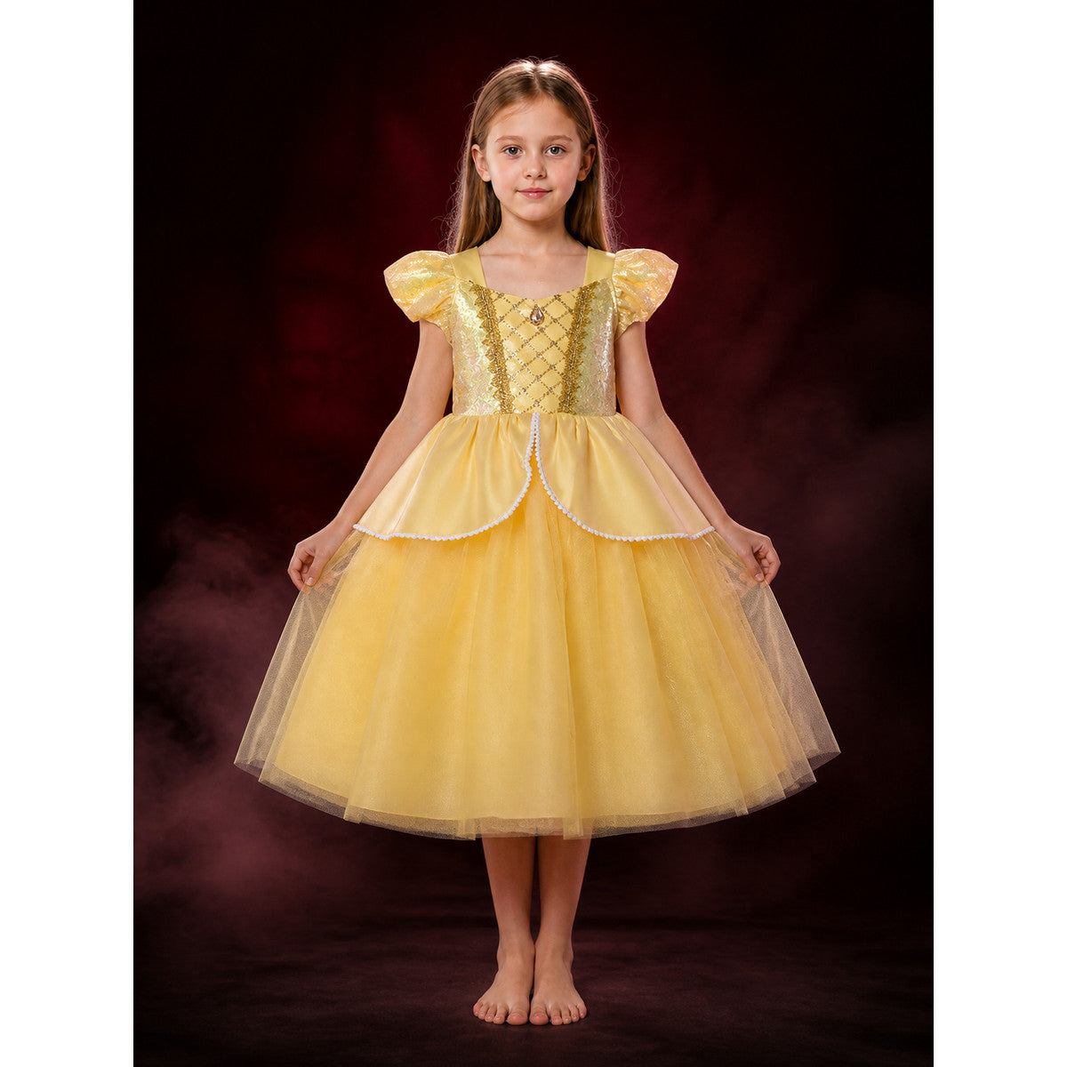 Girls Yellow Princess Costume Dress With Gold Trim, Puff Sleeves and Layered main product view