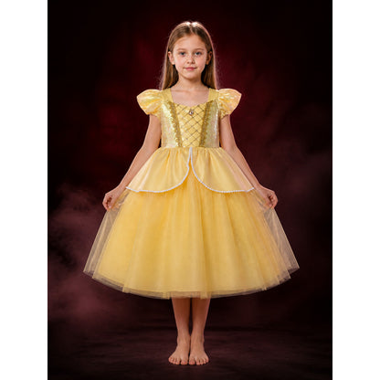 Girls Yellow Princess Costume Dress With Gold Trim, Puff Sleeves and Layered main product view
