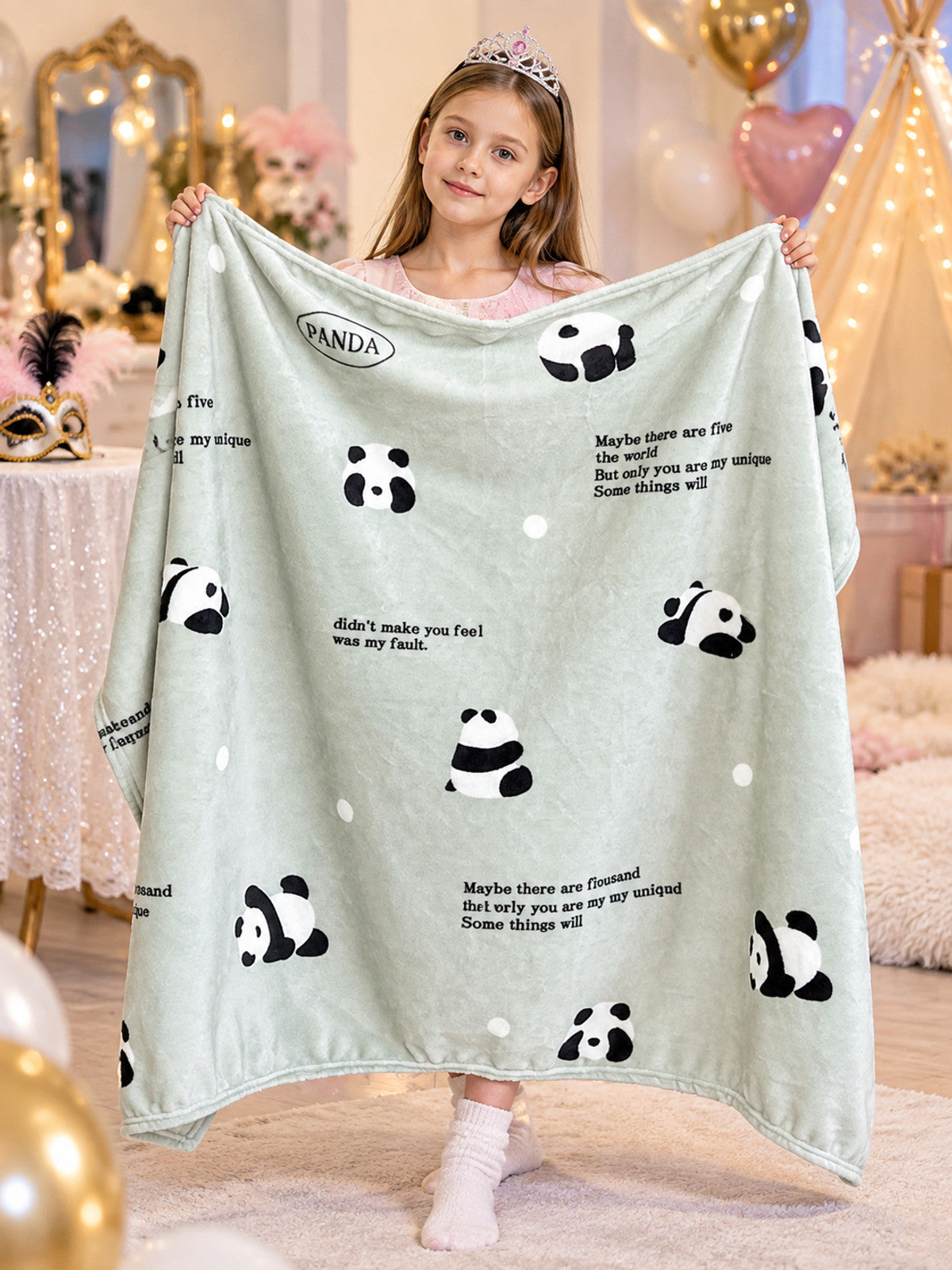 Light Green Milk Velvet Blanket with Panda Print