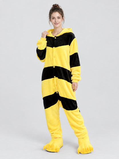 Yellow and Black Striped Hooded Pajama Jumpsuit