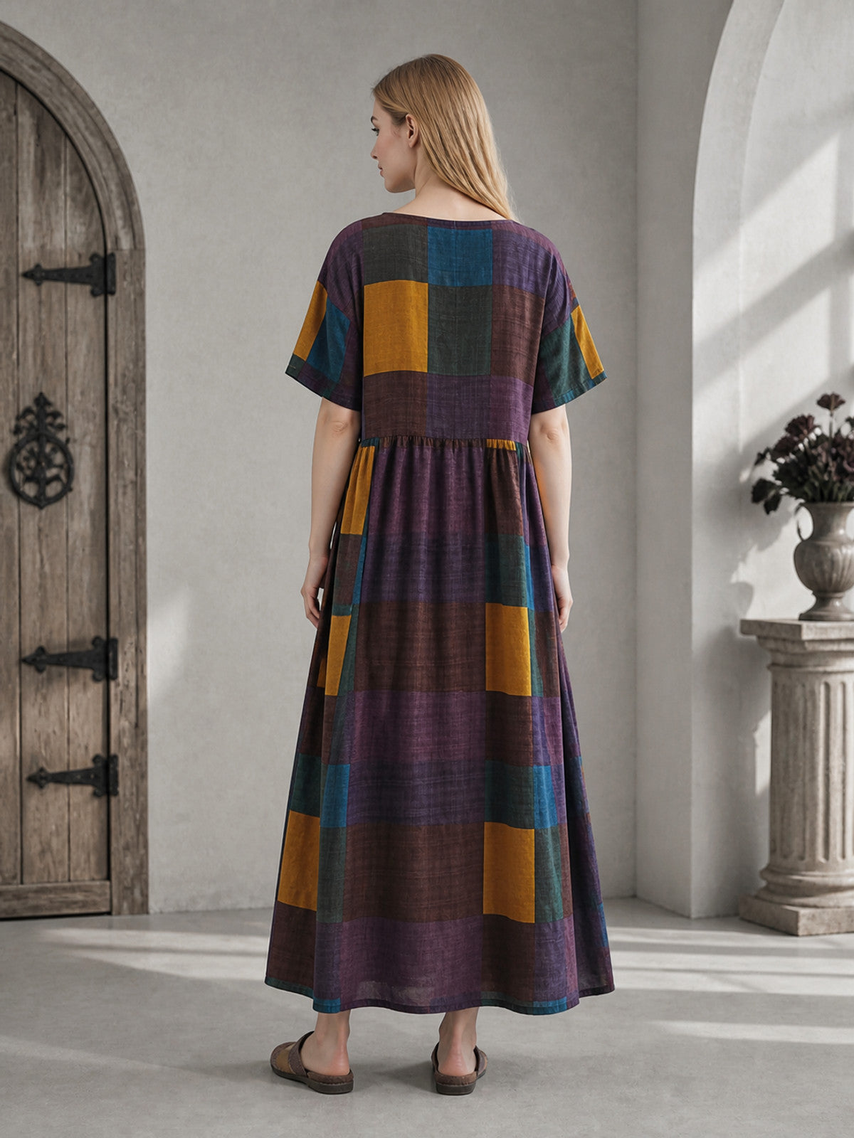 Round Neck Geometric Color Block Short Sleeve A-Line Long Dress with Waist