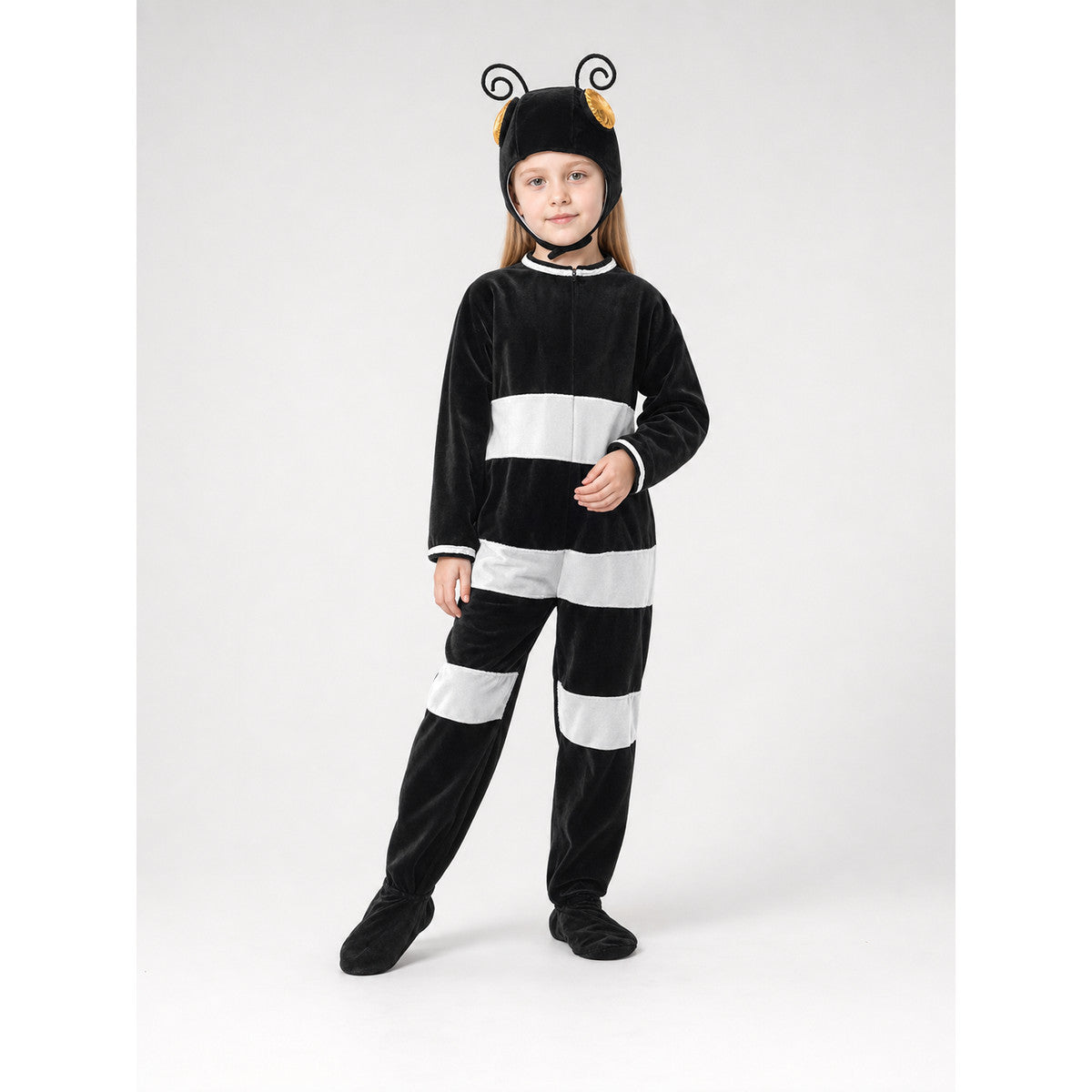 One-piece insect costume in a playful style, intended for dress-up, costume parties, themed events, and Halloween. The design is a jumpsuit with long sleeves, a black body, and wide white horizontal stripes. A black headpiece with curled an
