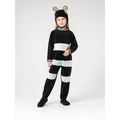 One-piece insect costume in a playful style, intended for dress-up, costume parties, themed events, and Halloween. The design is a jumpsuit with long sleeves, a black body, and wide white horizontal stripes. A black headpiece with curled an