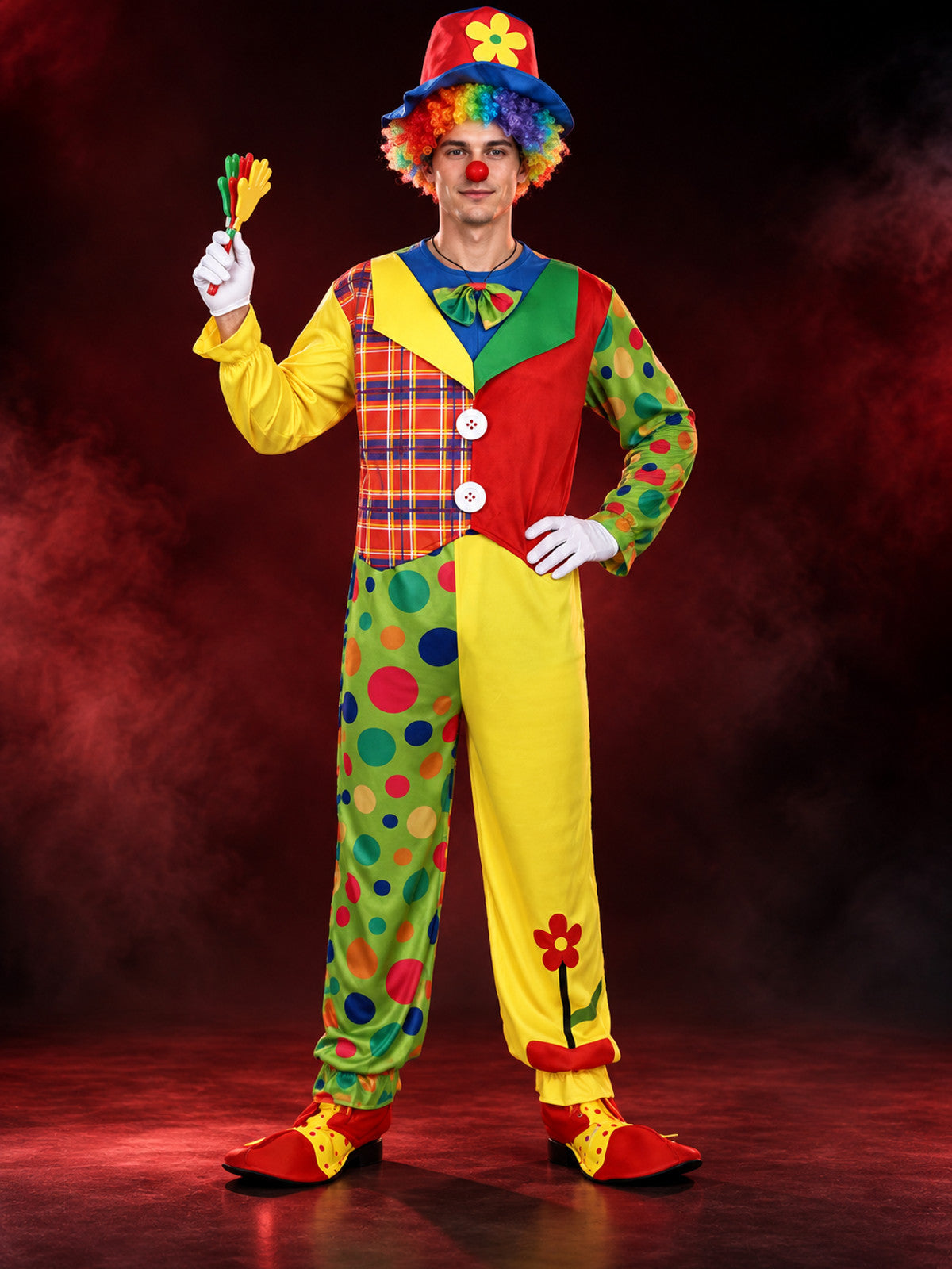 Clown Costume: Multicolor Jumpsuit, Hat, Bow Tie