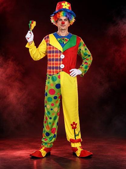 Clown Costume: Multicolor Jumpsuit, Hat, Bow Tie