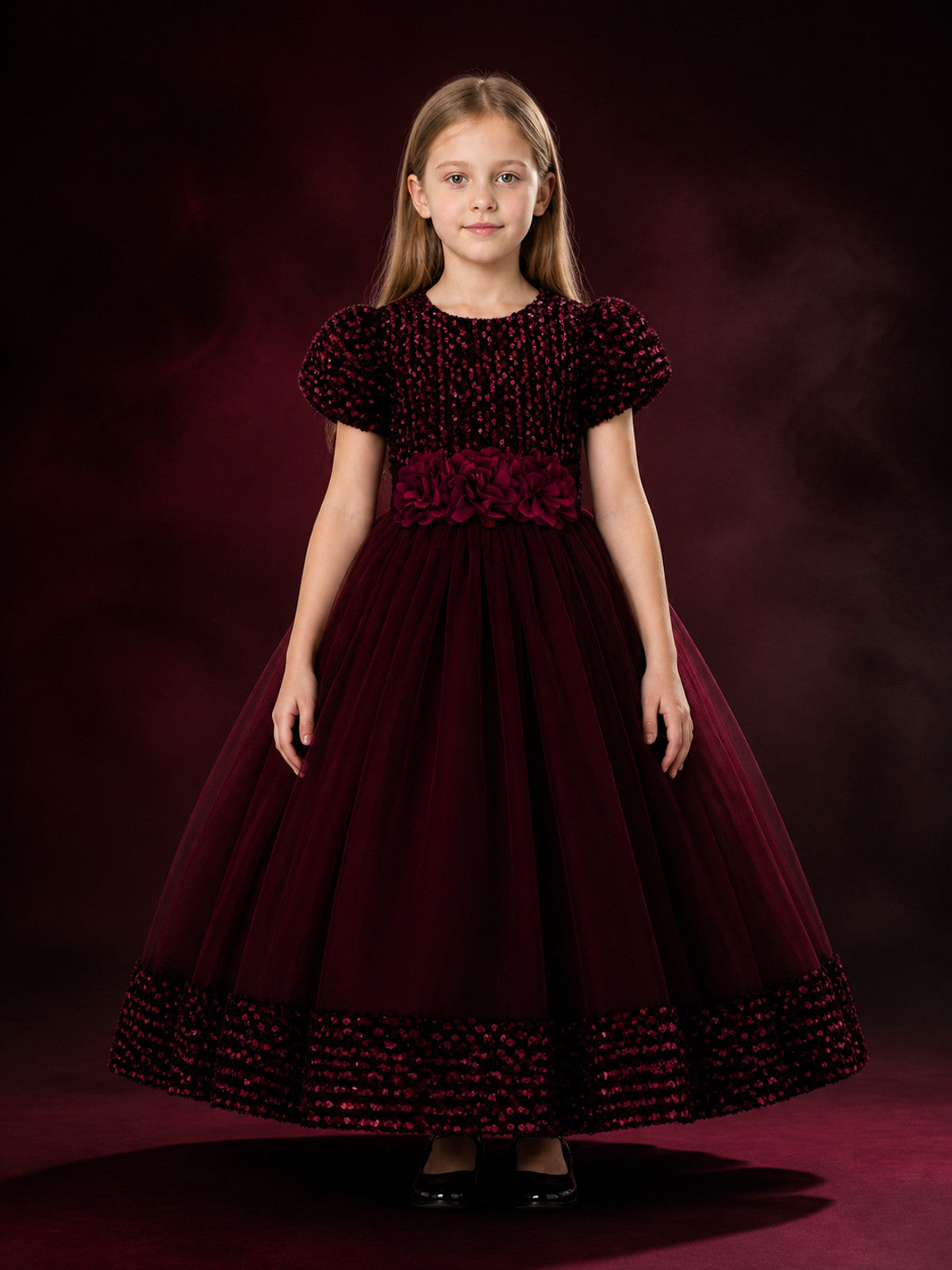 Girls' Burgundy Sequin Tulle Princess Ball Gown Dress With 3D Rose Flowers and main product view