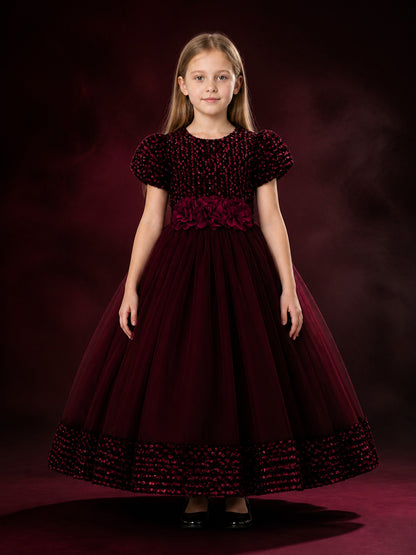 Girls' Burgundy Sequin Tulle Princess Ball Gown Dress With 3D Rose Flowers and main product view
