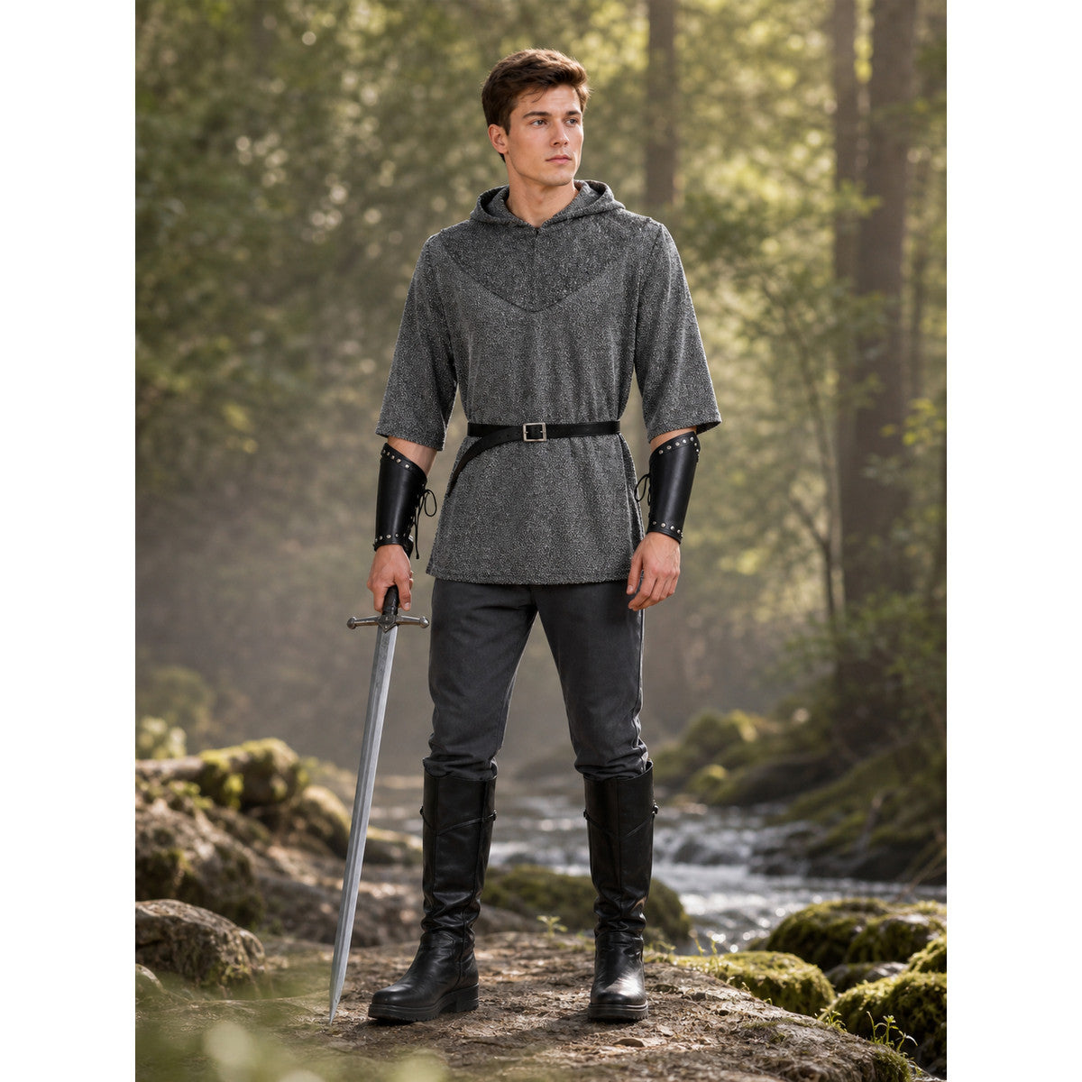 The costume is designed in the style of a medieval knight and is suitable for cosplay and stage performances. The set includes a gray hooded top with a layered front design, black pants, a belt, bracers, and greaves. The gray-and-black colo