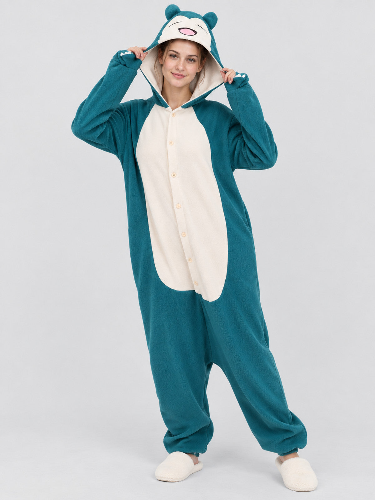 Turquoise and cream fleece kigurumi jumpsuit with ears