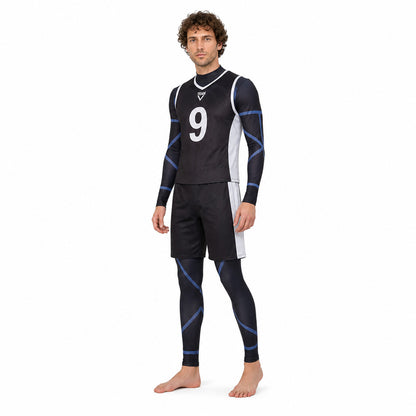 Soccer cosplay costume with No. 9, blue and white Costumes detail