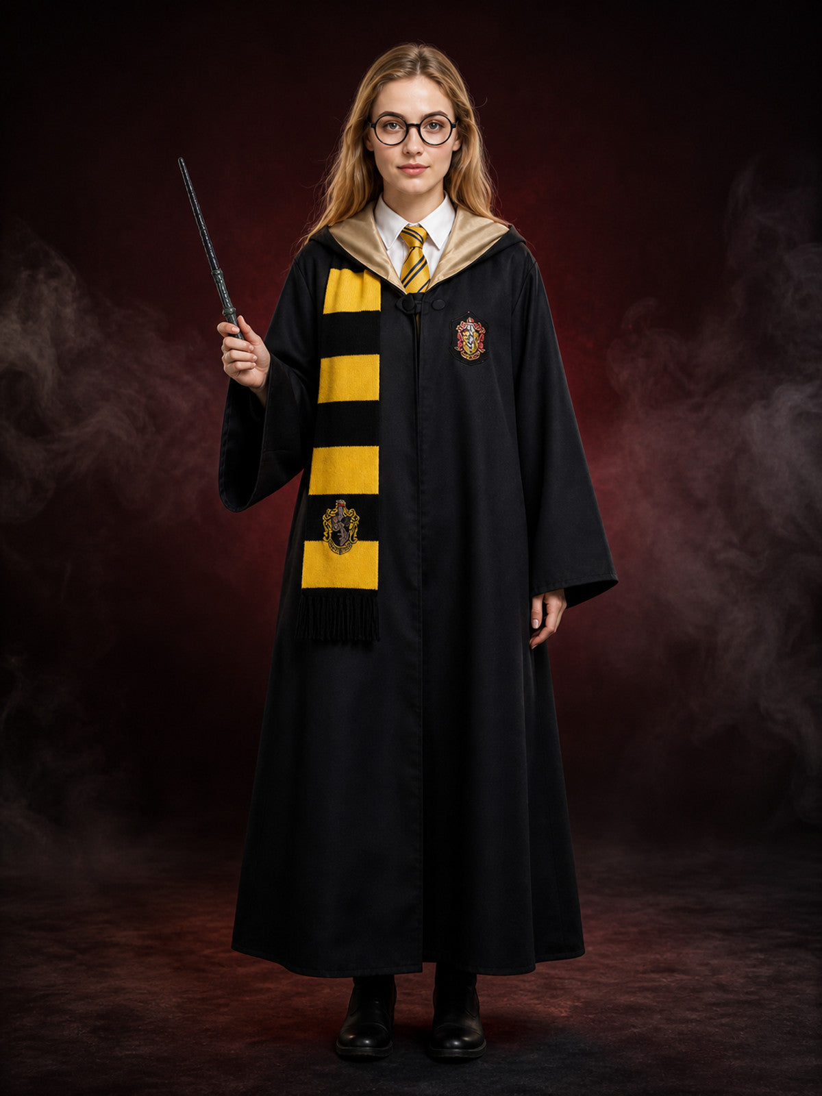 Wizard Halloween Costume Set - Hooded Robe with Scarf, Tie, Glasses, and Wand