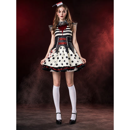 Adult Clown Costume Dress, Black White Striped Ruffle Gown with Blood Print main product view