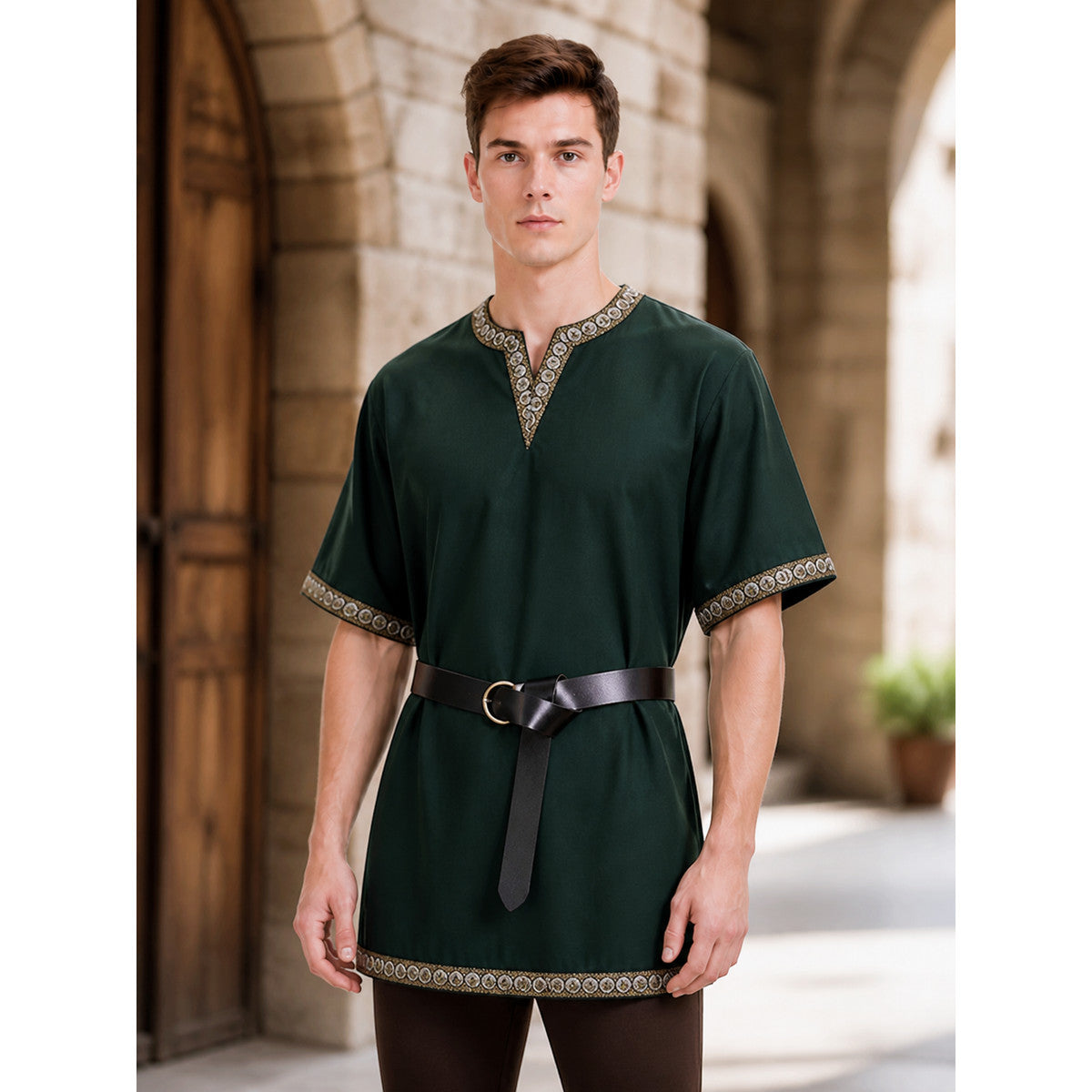 Medieval-Style Shirt with Black Belt, V-Neck