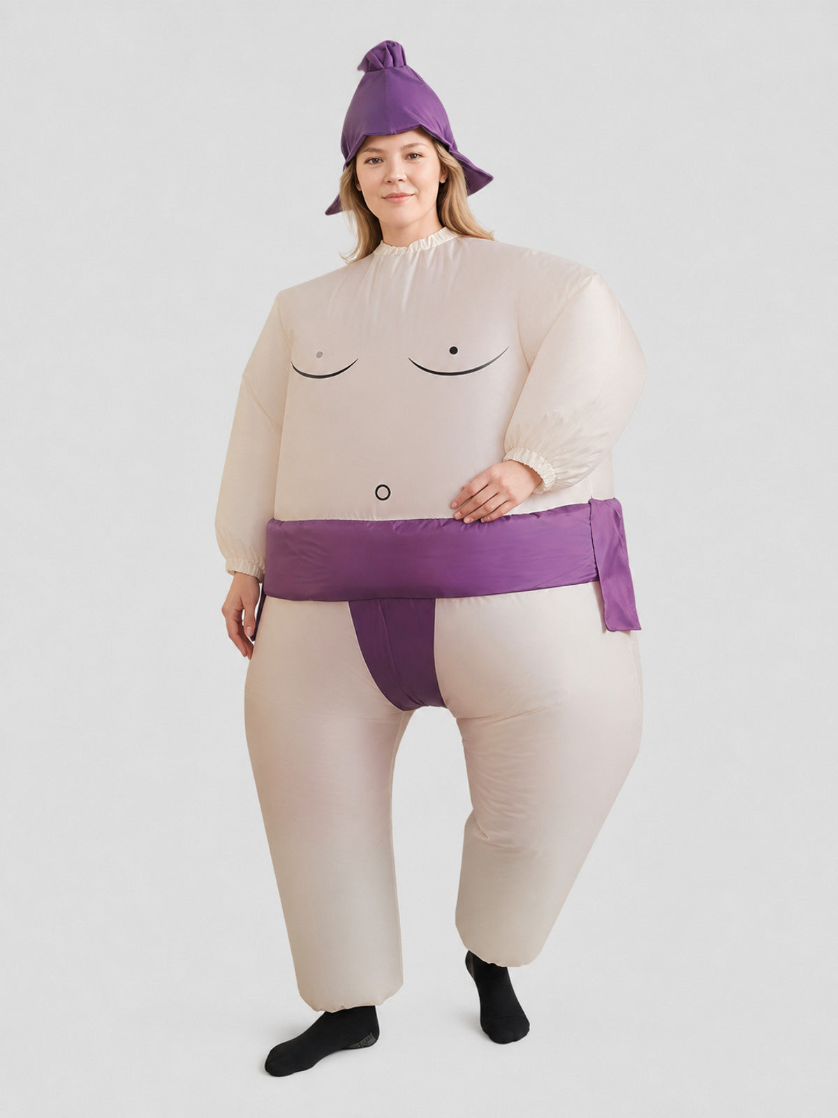 Inflatable Halloween Costume with Purple Hat and Smile Costume Headwear detail