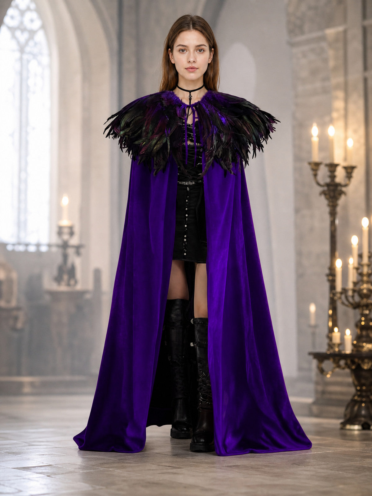 Purple costume cape with black feather trim, shown full-body on a model in an ornate candlelit interior