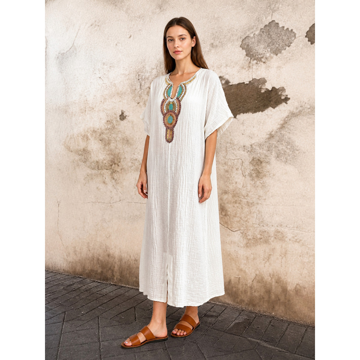 Loose-Fit Midi Dress with Beaded Embroidery