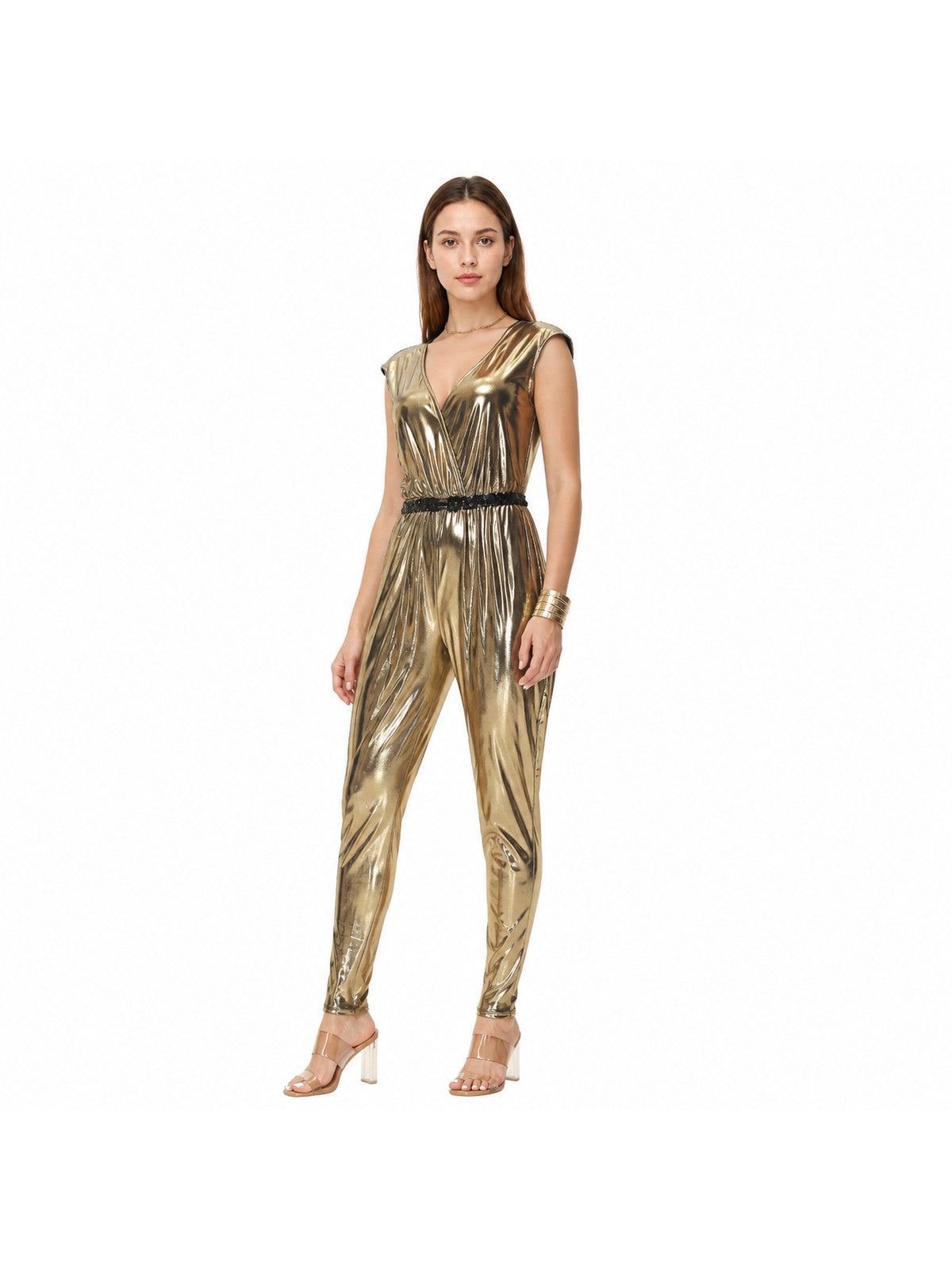 Gold Sleeveless Jumpsuit with V-Neck product detail