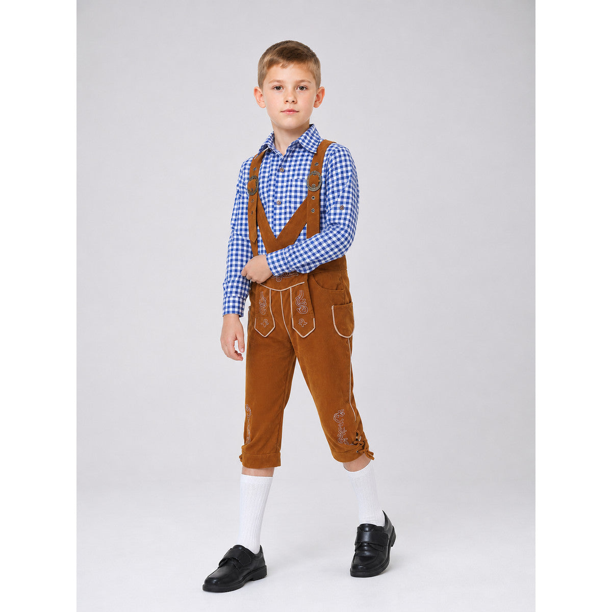 Costume Set with Suspenders, Shirt, and Pants on-model front view
