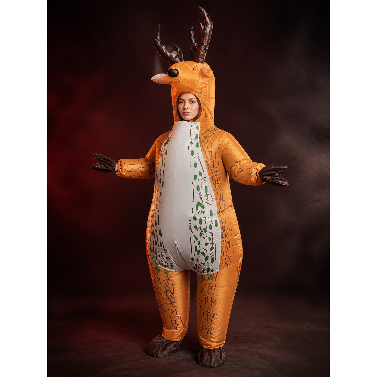 Unisex Reindeer Hooded Onesie Costume with Antlers, White Belly and Green Trim main product view