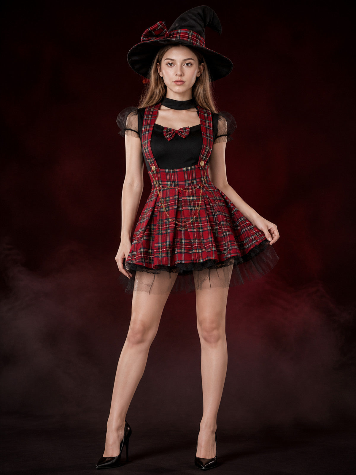 Women's Red Black Plaid Witch Dress Costume Set with Hat main product view