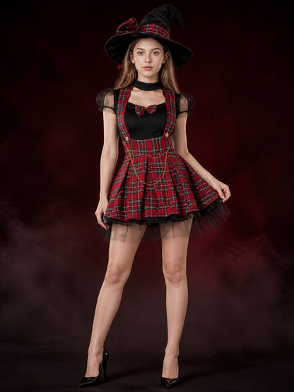 Women's Red Black Plaid Witch Dress Costume Set with Hat main product view