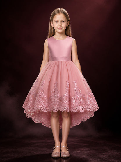 Girls' Dusty Pink Princess Flower Girl Dress, Lace-Embroidered Tulle Gown main product view