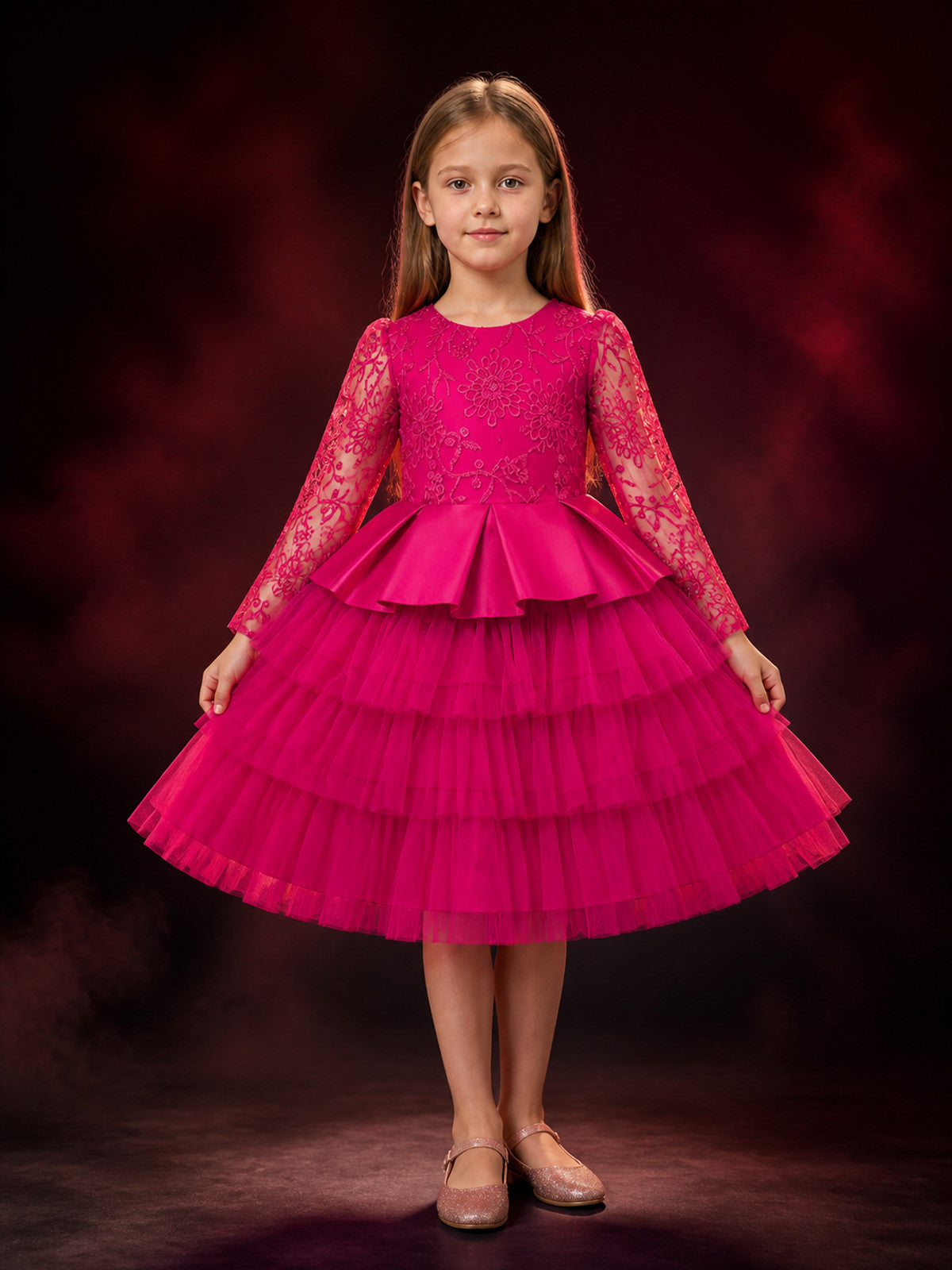Girls' Rose Red Princess Dress With Floral Embroidery, Lace Sleeves, And Layered main product view
