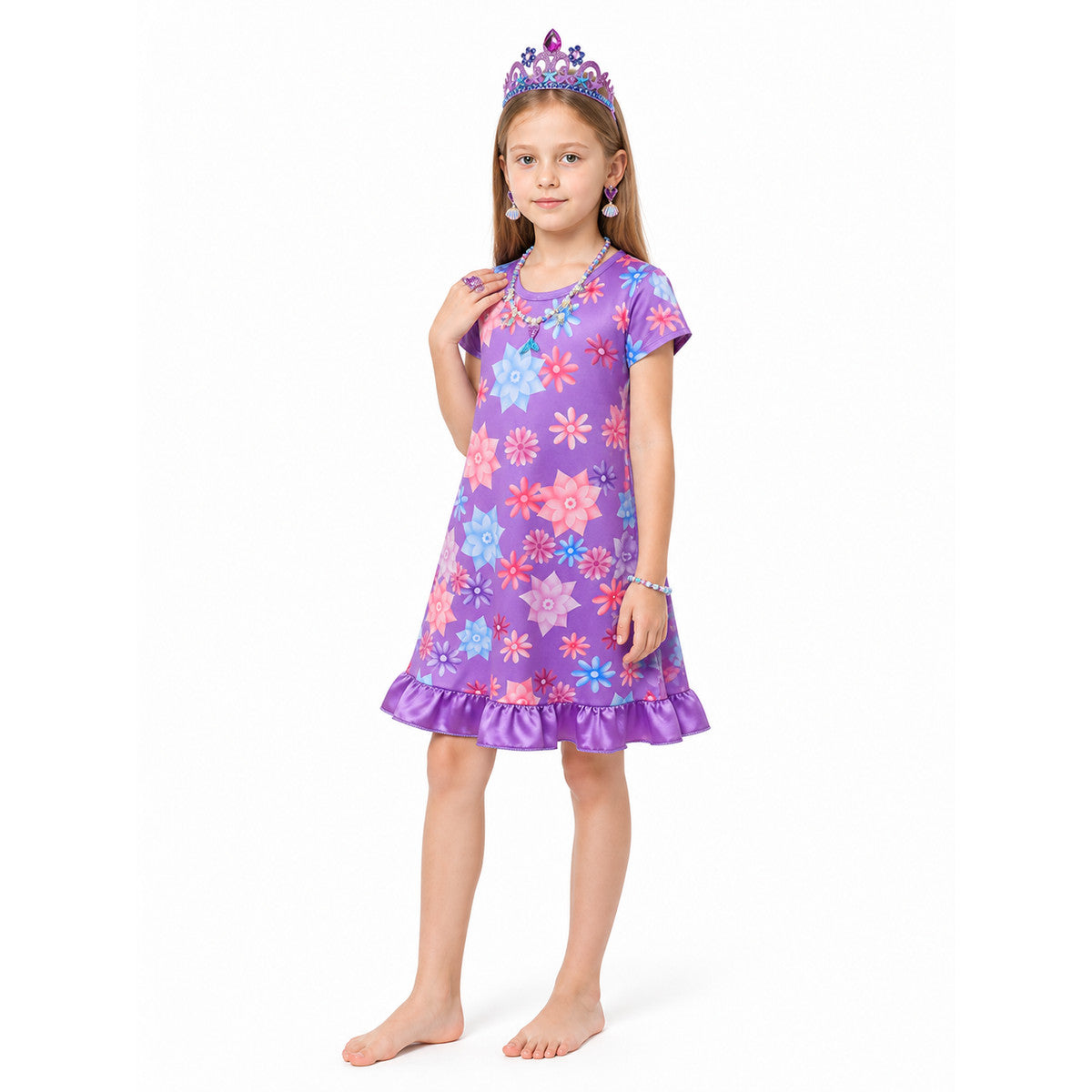 Purple Dress with Floral Print and Crown
