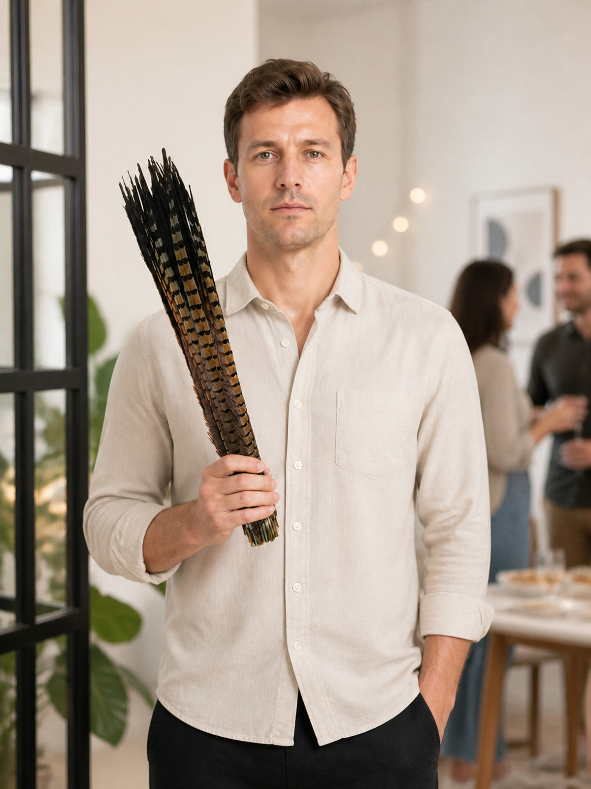 Long Pheasant Feather, Brown, Beige, and Black lifestyle view