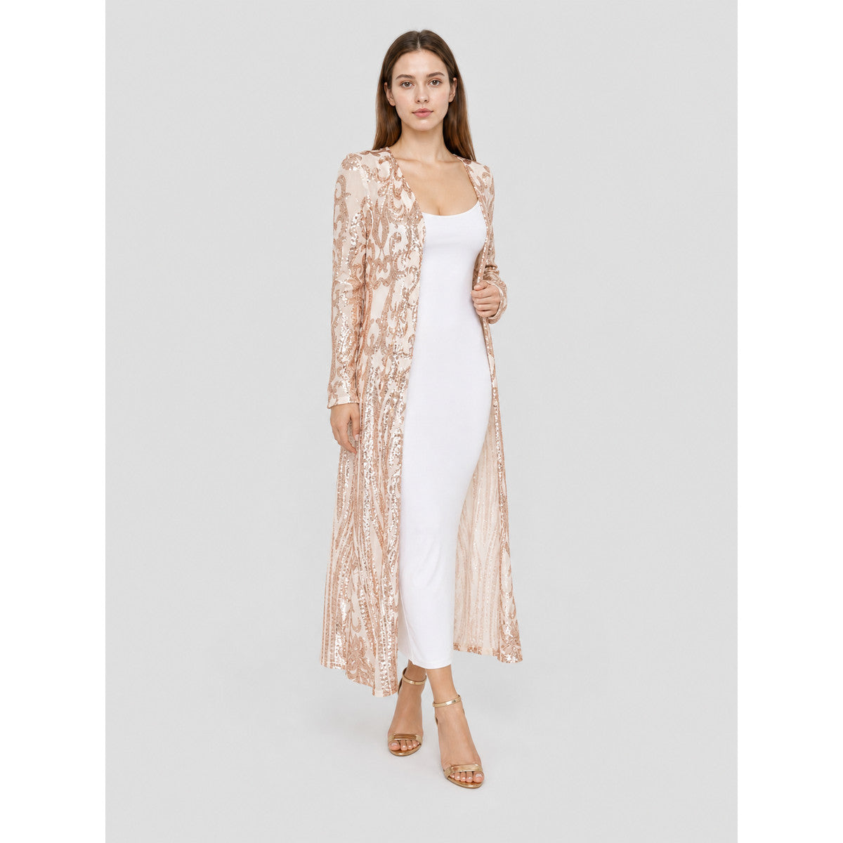 Long Sequin-Embroidered Cape with Baroque Pattern
