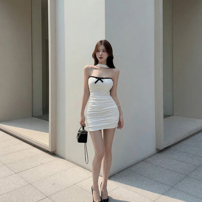 White Short Fitted Bandeau Dress with Black Bow