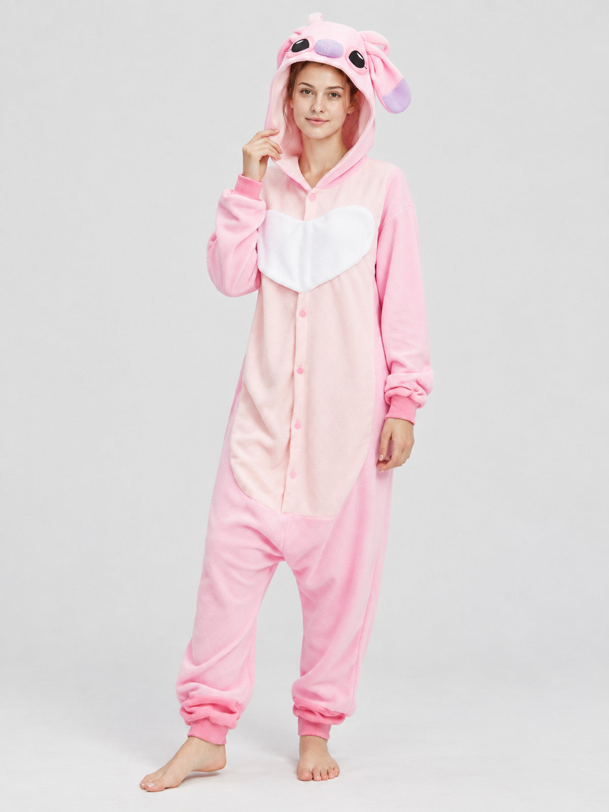 Pink Fleece Pajama Jumpsuit with Hood and Ears