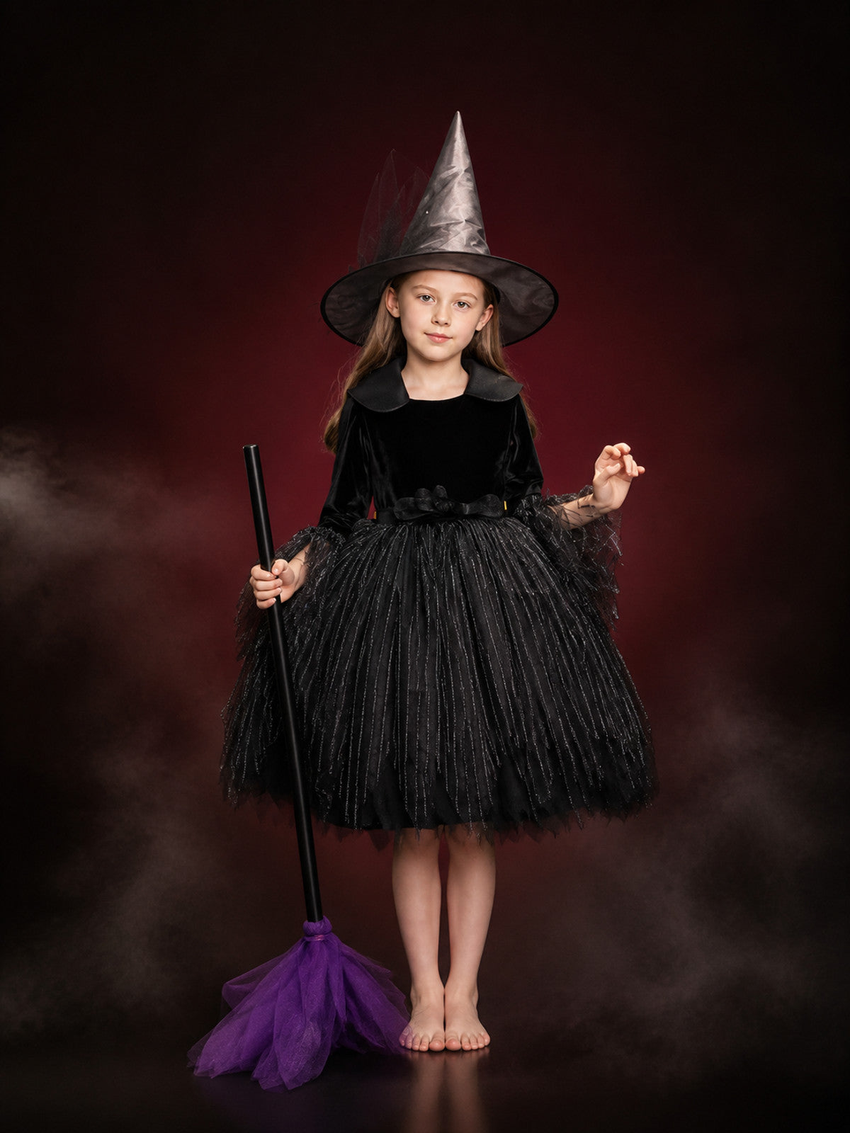 Women's Witch Costume Dress, Black Long Sleeve Layered Halloween Outfit