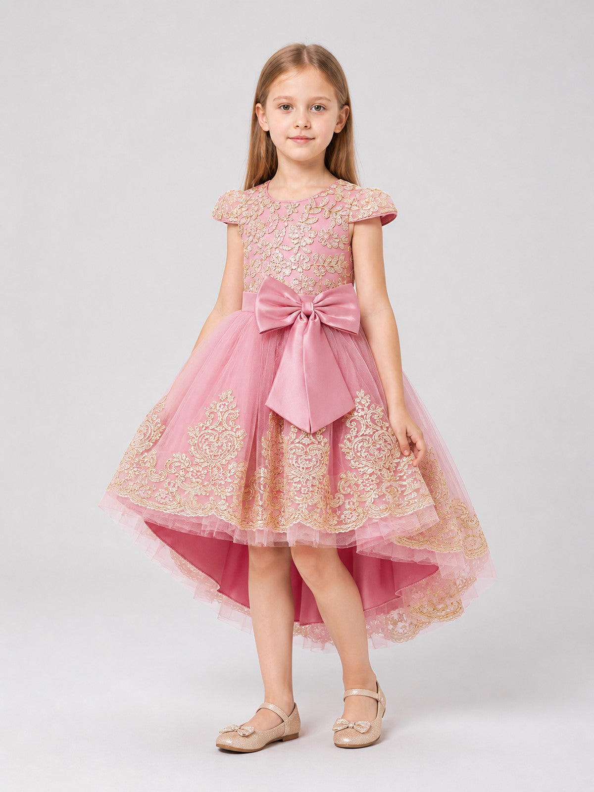 Party Dress with Gold Embroidery, Bow, and Train Costume Dresses detail