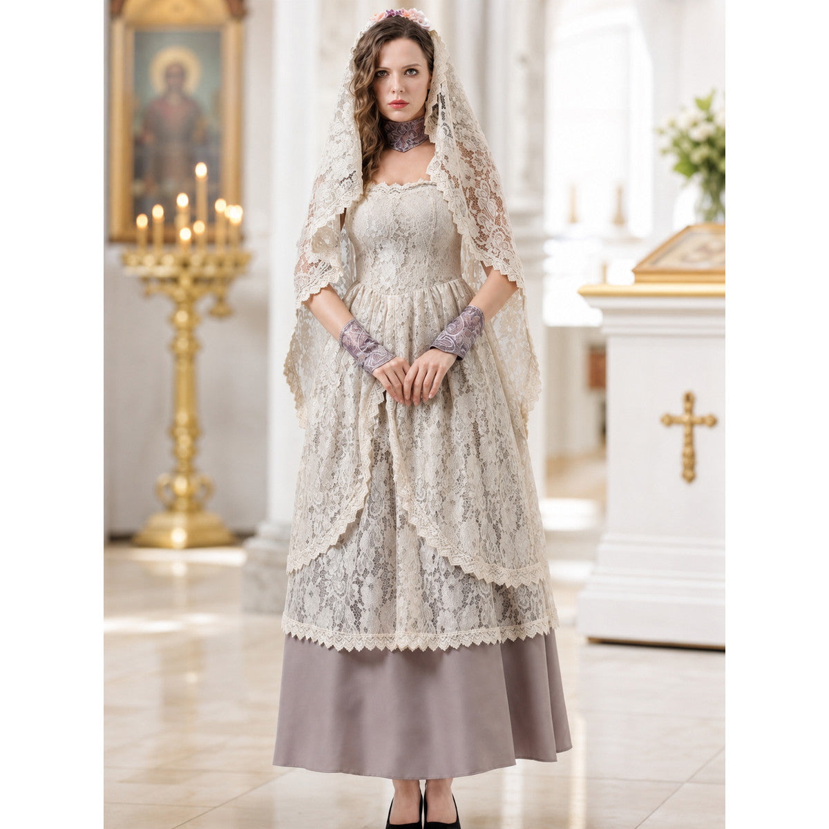 Death Cloak with Lace Cape and Dress for Halloween lifestyle view