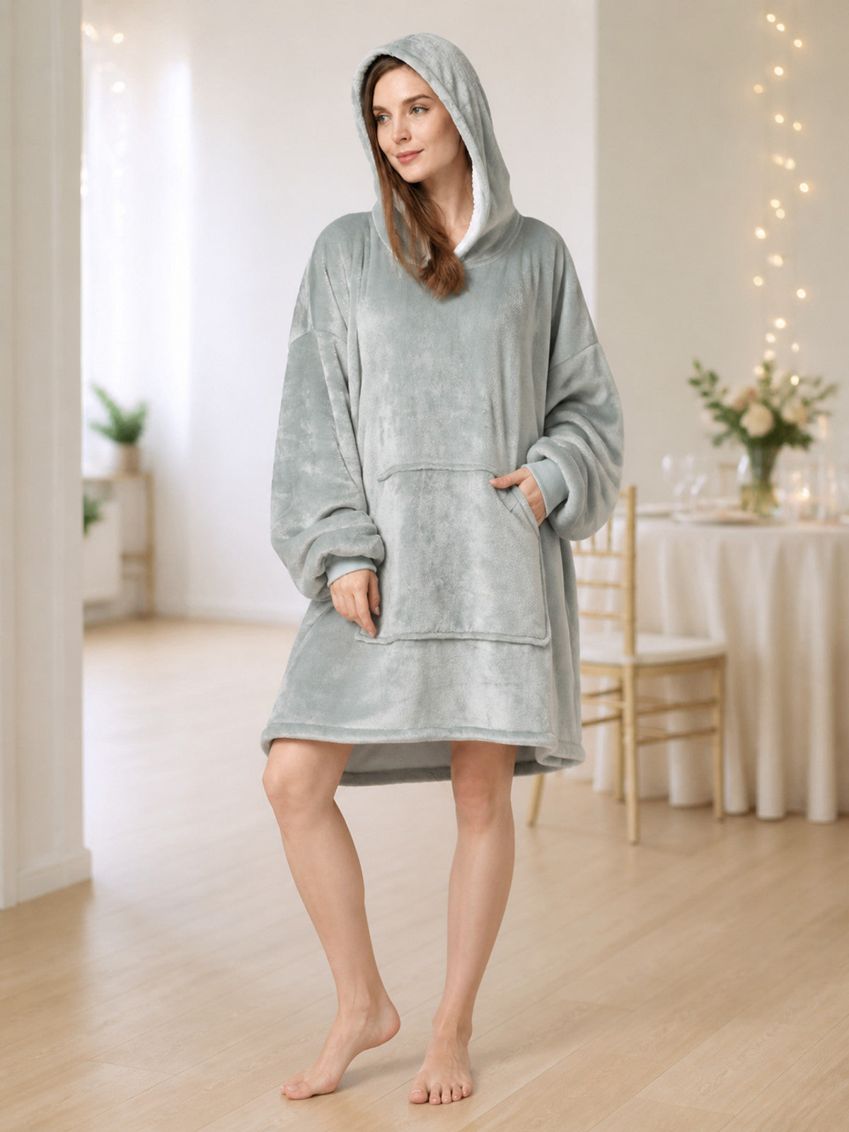 Dark Gray Long Hooded Sweatshirt for Home lifestyle view