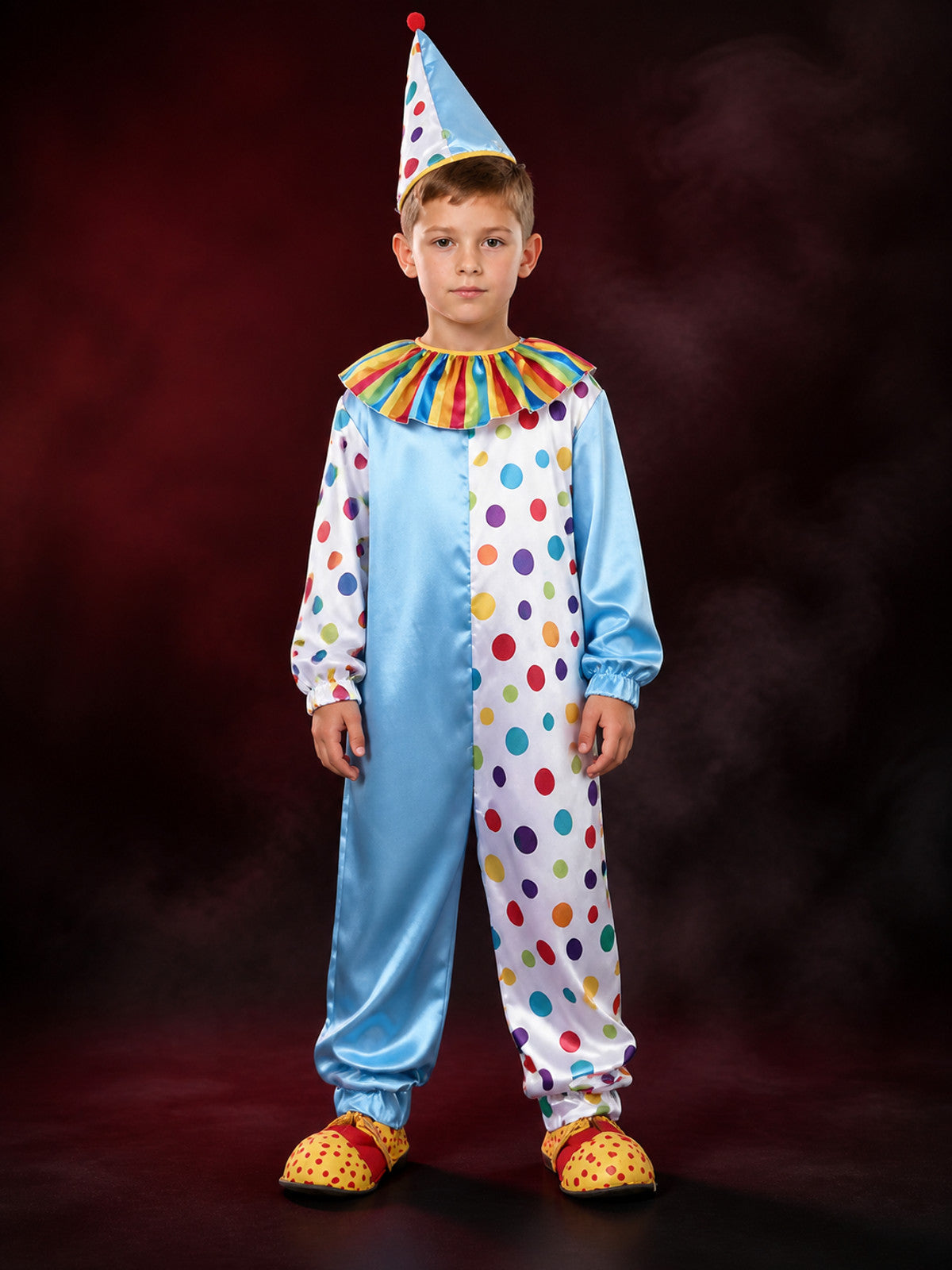 Kids' Multicolor Clown Jumpsuit Costume With Polka Dot Cone Hat, Long Sleeve main product view