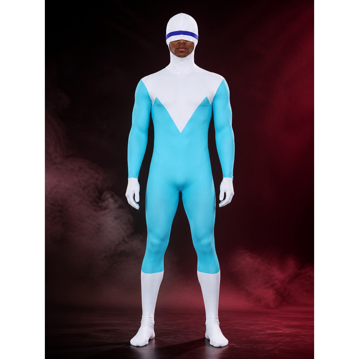 Frozone Hooded Full Body Jumpsuit Costume, Blue White Color Block for Halloween main product view