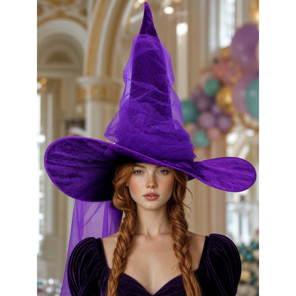 Styled indoor scene showing a model in a black costume wearing the purple wide-brim witch hat with sheer mesh draping