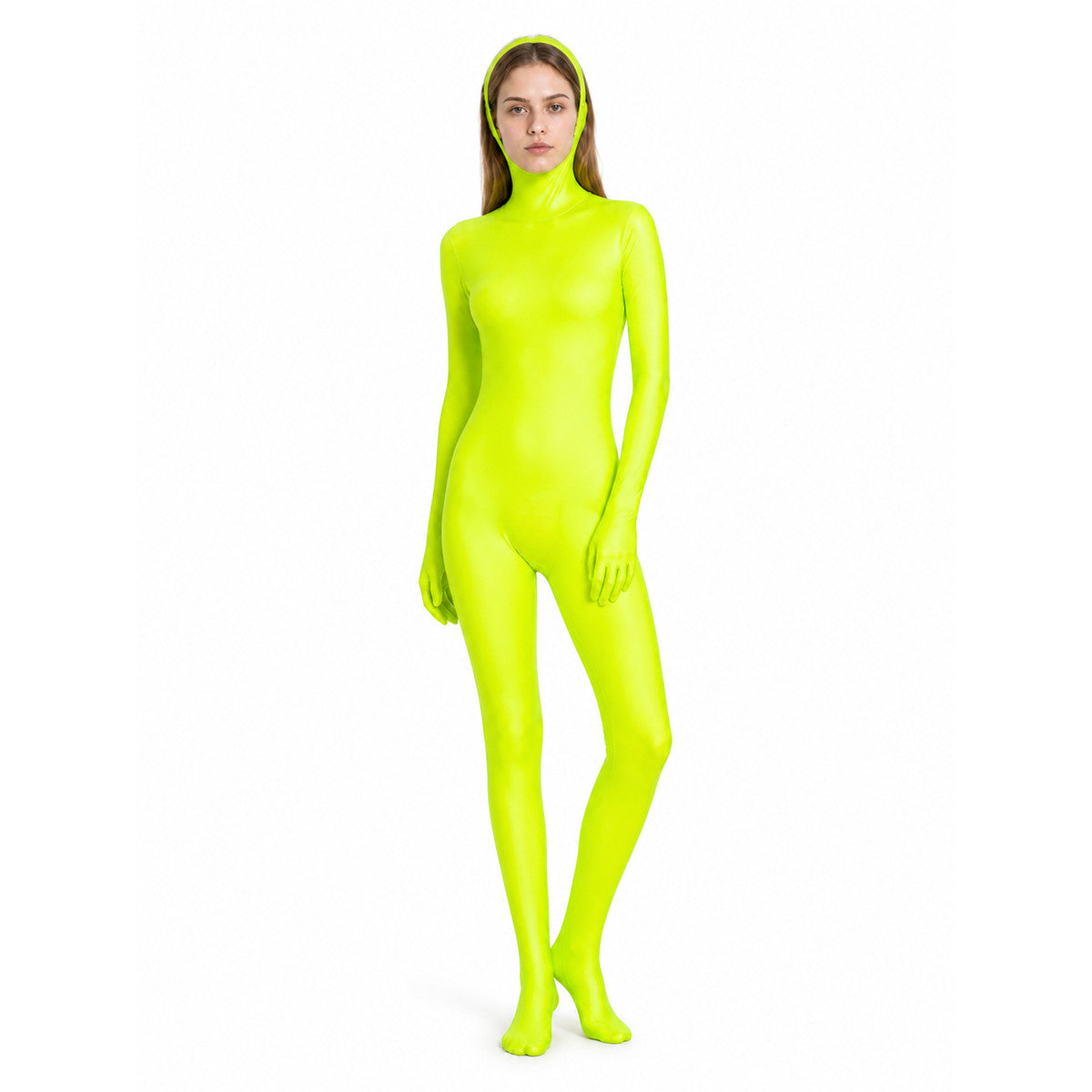 One-Piece Zentai Jumpsuit in Lime Green with Hood product detail