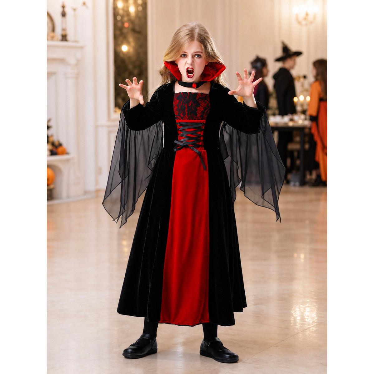 The vampire costume is designed in a black-and-red and gray-and-black color scheme and features a long garment with a silhouette reminiscent of a vampire cloak. The design includes a red hood, long sleeves, and semi-transparent gray-and-bla